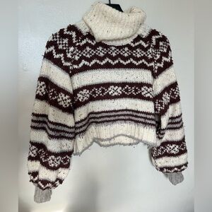 Free People Chocolate Brown Fair Isle Turtleneck Knit Sweater XS